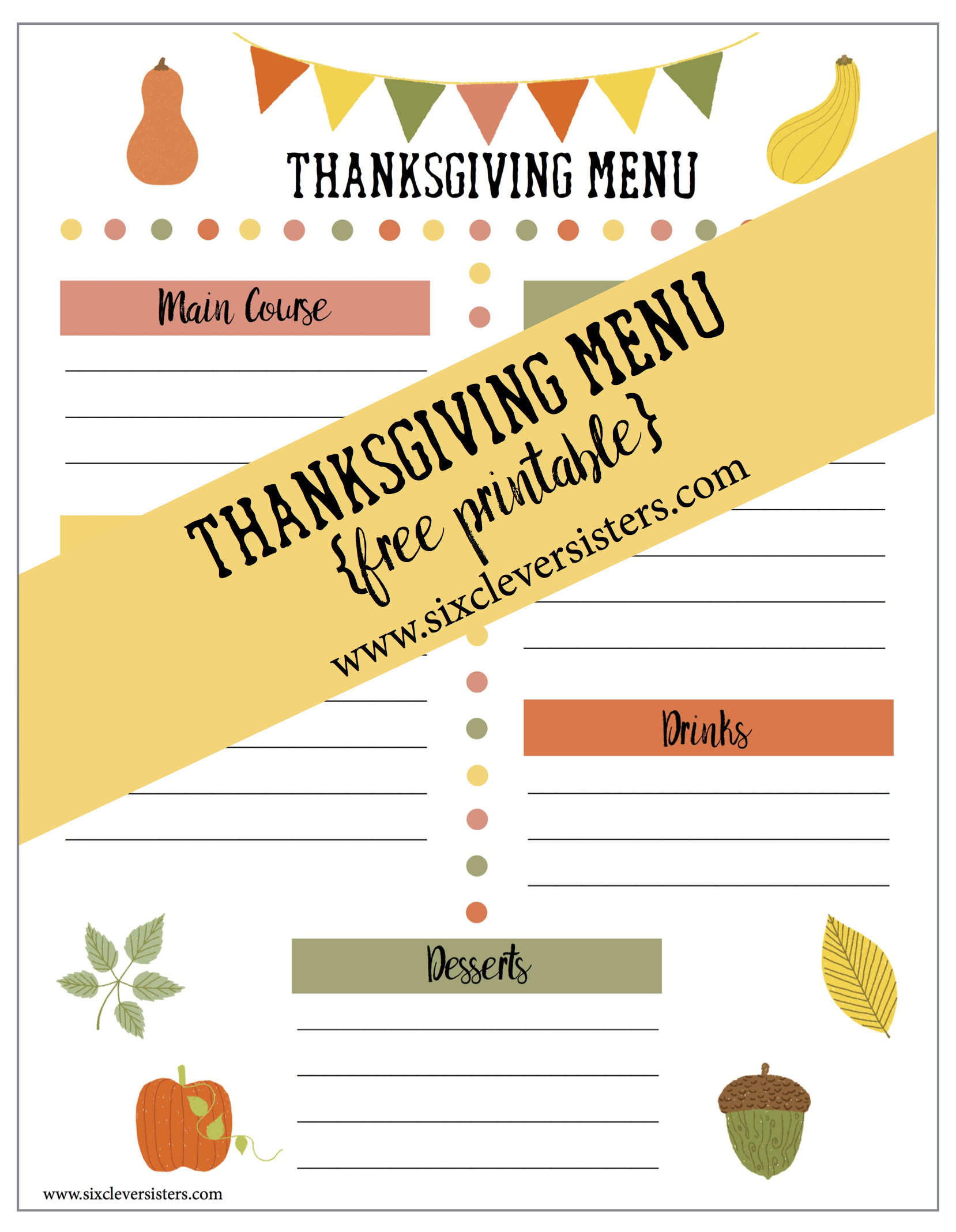 Printable Thanksgiving Menu and Shopping List - Six Clever Sisters