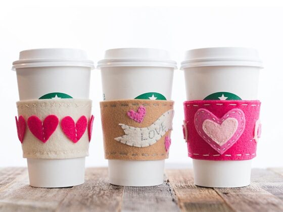 Valentine’s Day Felt Cup Sleeve Free Patterns {3 Options}