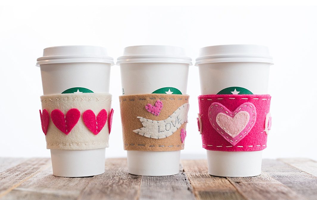 Valentine’s Day Felt Cup Sleeve Free Patterns {3 Options}