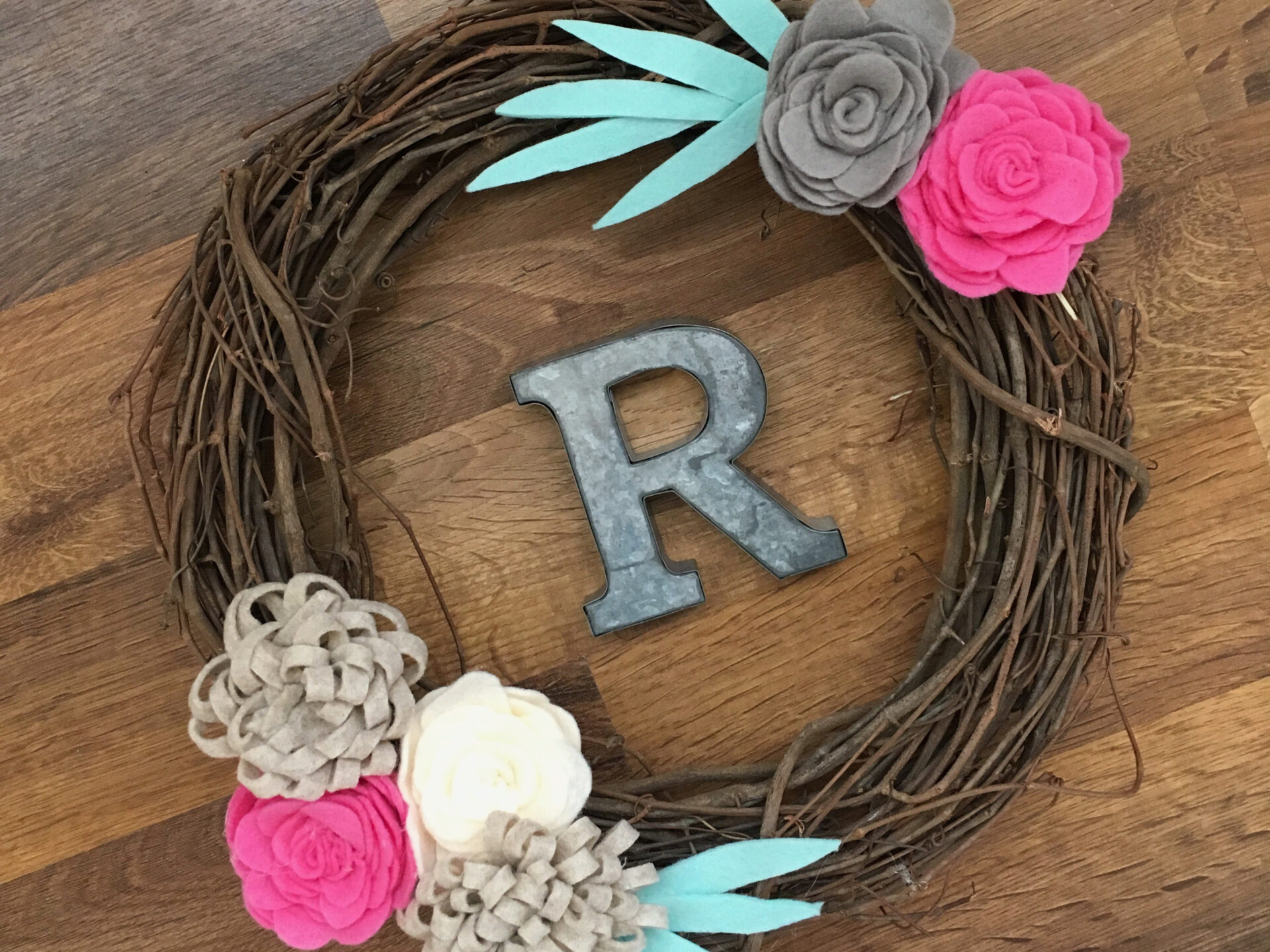 Spring Felt Flower Grapevine Wreath