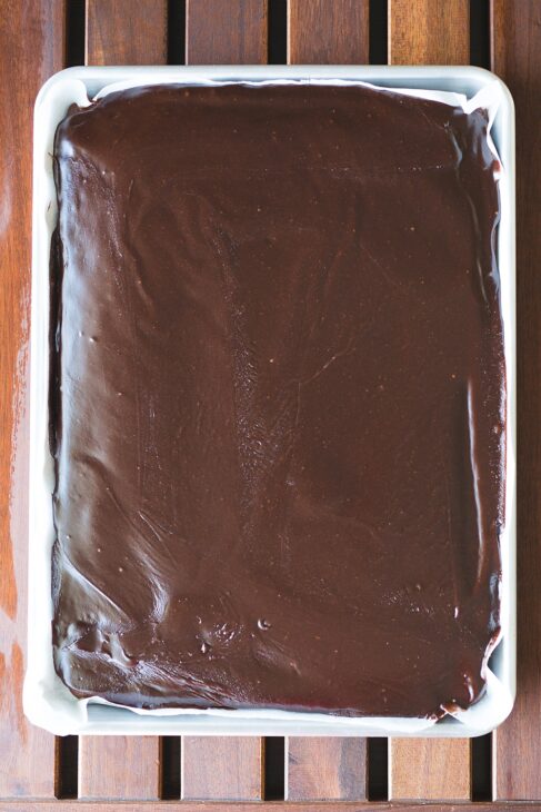 Chocolate cake topped with old fashioned fudge icing