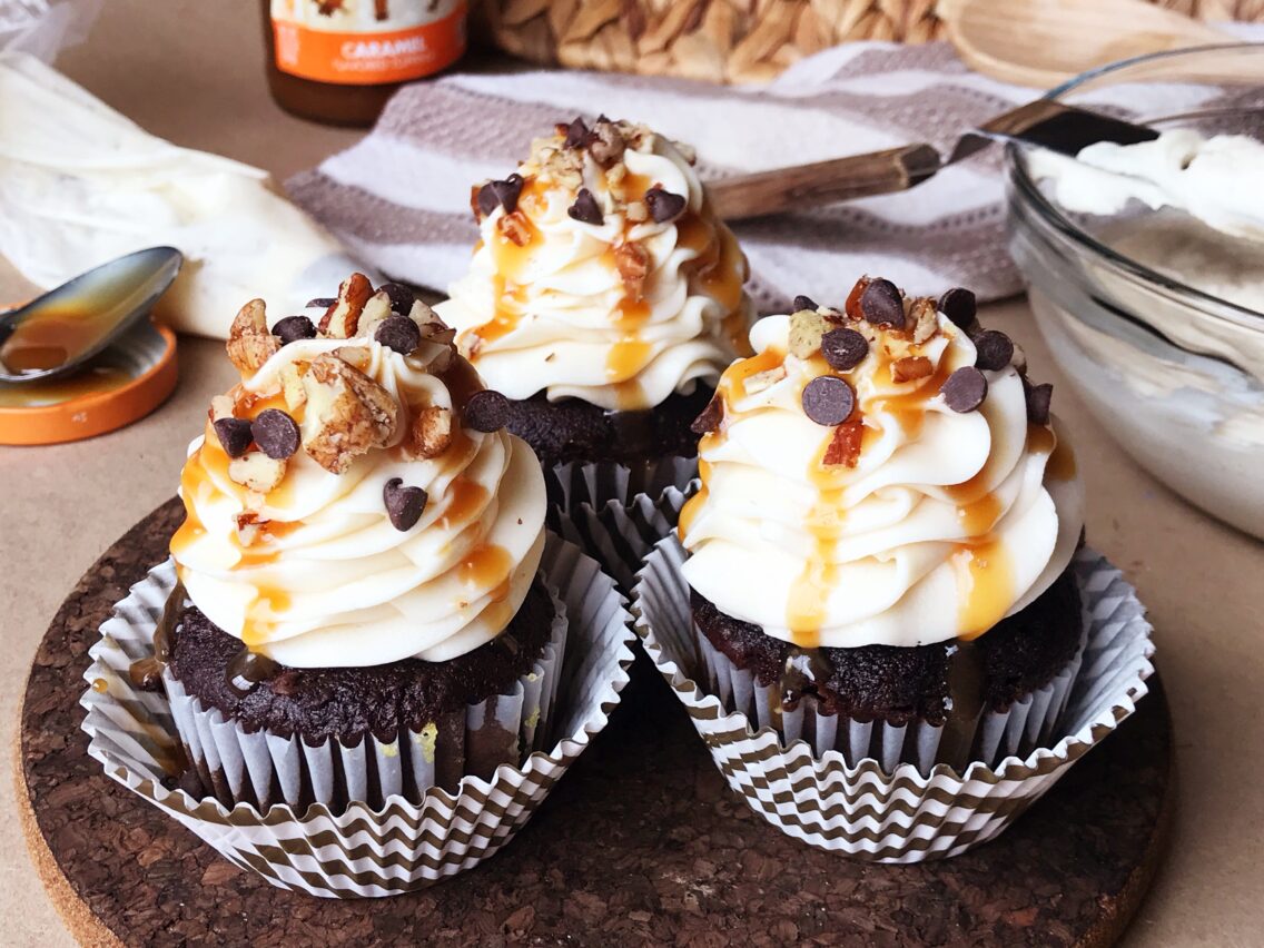 Chocolate Turtle Cupcakes with Caramel Buttercream