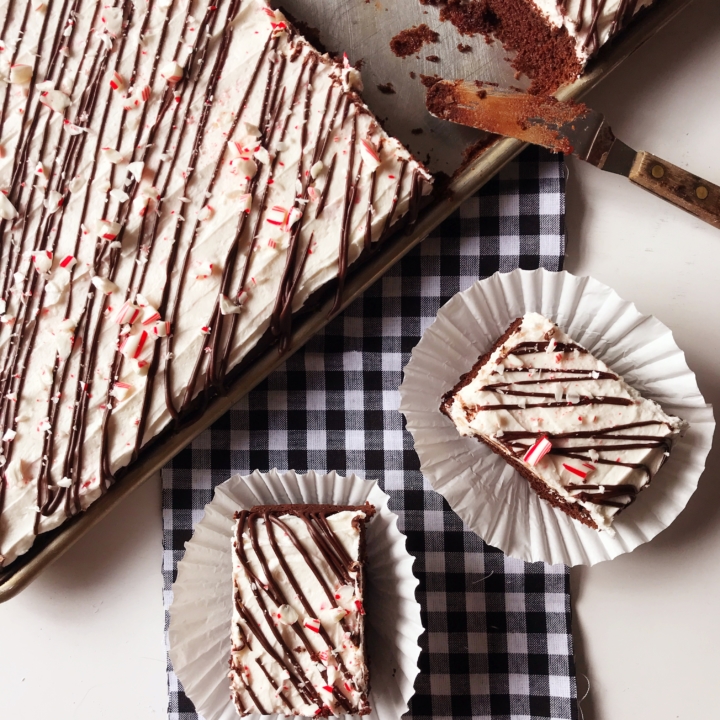 Peppermint Bark | Sheet Cake | Dessert for a Crowd | Peppermint | Candy Cane | Chocolate | Cake | Peppermint Cake | Christmas Dessert | Christmas Treat | Holiday | Easy Recipe | Easy Dessert | Candy Cane Dessert | Six Clever Sisters