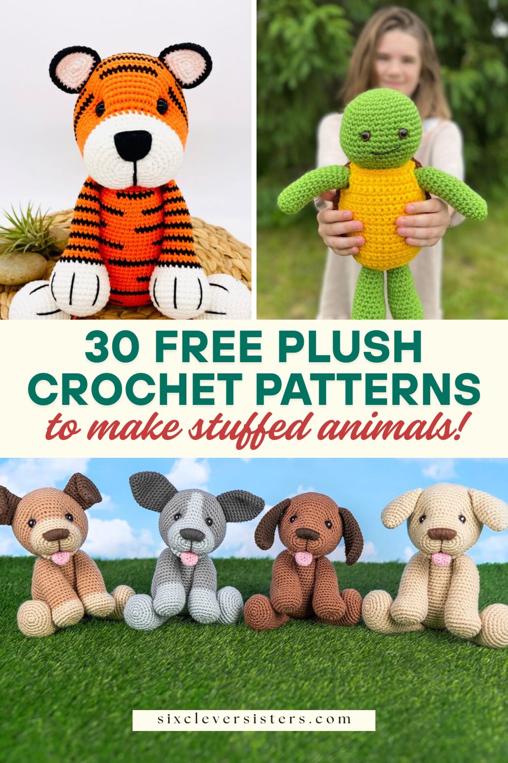 30 Free Plush Crochet Patterns | Free Plush Crochet Patterns Amigurumi | Free Crochet Animal Plushies Patterns Plus Crochet Pattern Free Amigurumi | 30 free patterns for cute crochet stuffed animals - head to the Six Clever Sisters blog!