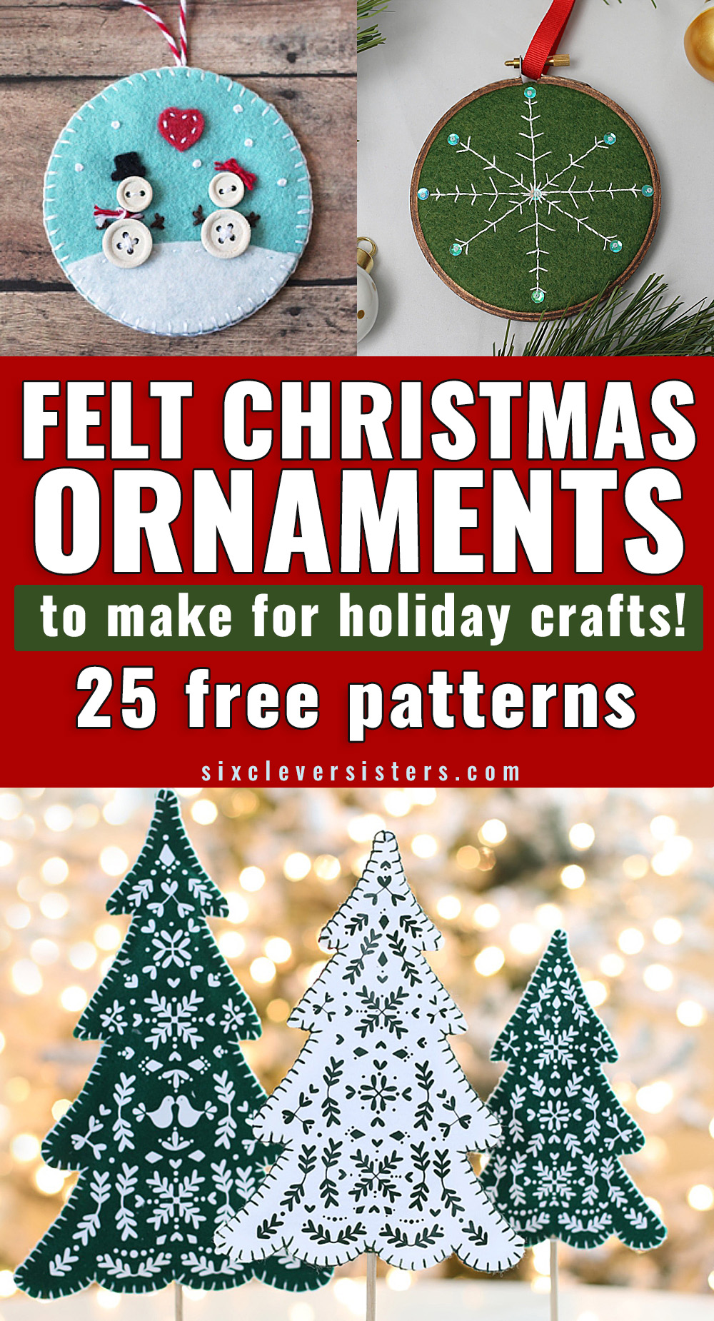DIY Felt Christmas Ornaments to make for holiday crafts | DIY Felt Christmas Ornaments Patterns Free | easy diy felt christmas ornaments | how to make a felt christmas tree ornament | 25 Free Patterns for Felt Christmas Ornaments linked on the Six Clever Sisters blog!