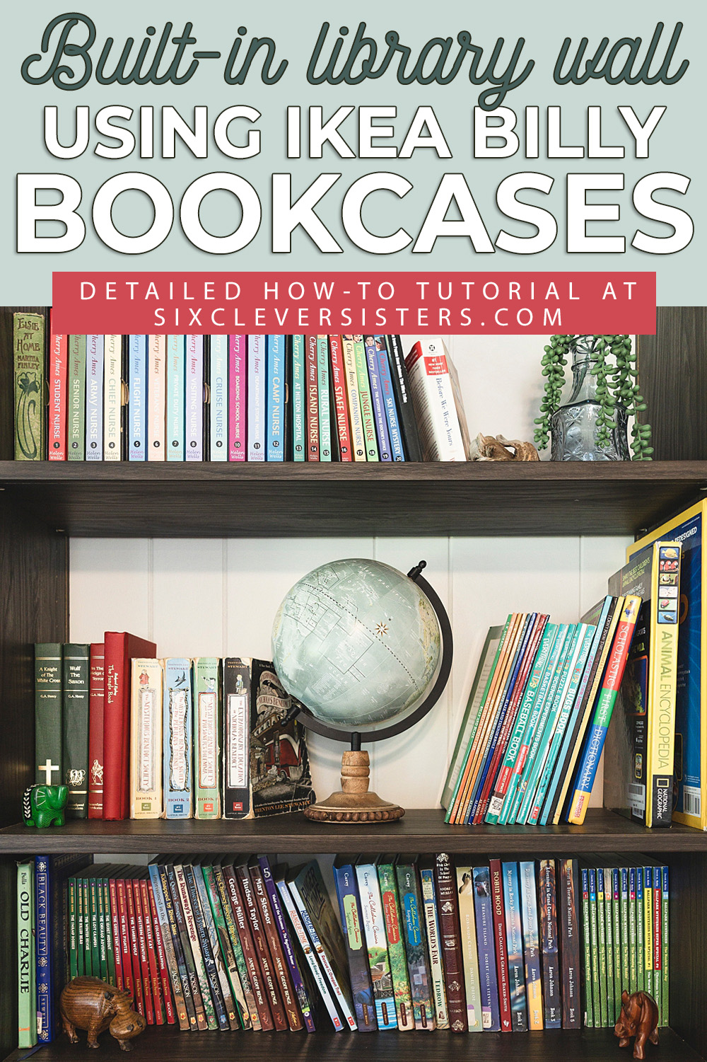 Billy Bookcase DIY Built-in library | IKEA Billy bookcase hack | IKEA built in hack | Billy bookcase living room | Billy bookcase built in | TIPS & HOW-TO make a beautiful built-in library wall with IKEA's Billy bookcases is on the Six Clever Sisters website!