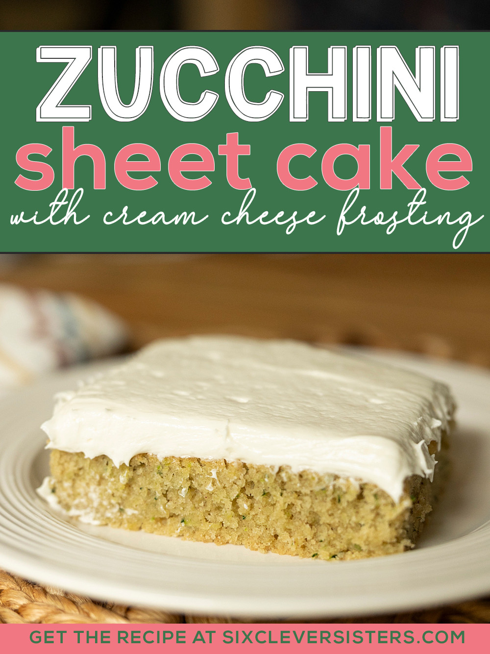 Moist zucchini sheet cake with cream cheese frosting, sliced and served as an easy zucchini dessert recipe.