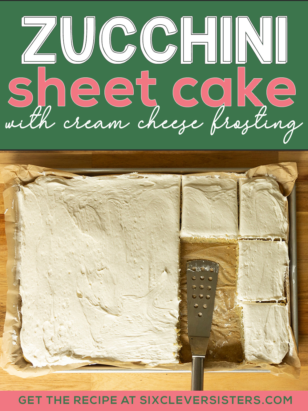 Moist zucchini sheet cake with cream cheese frosting, sliced and served as an easy zucchini dessert recipe for a crowd!