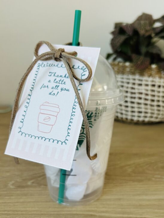Thanks a Latte Printable Tag | Teacher Gift | Coffee Gift | Free Printable Card | Printable Gift Tag | Easy DIY Gift | Coworker Gift | Thank you Gift | Six Clever Sisters