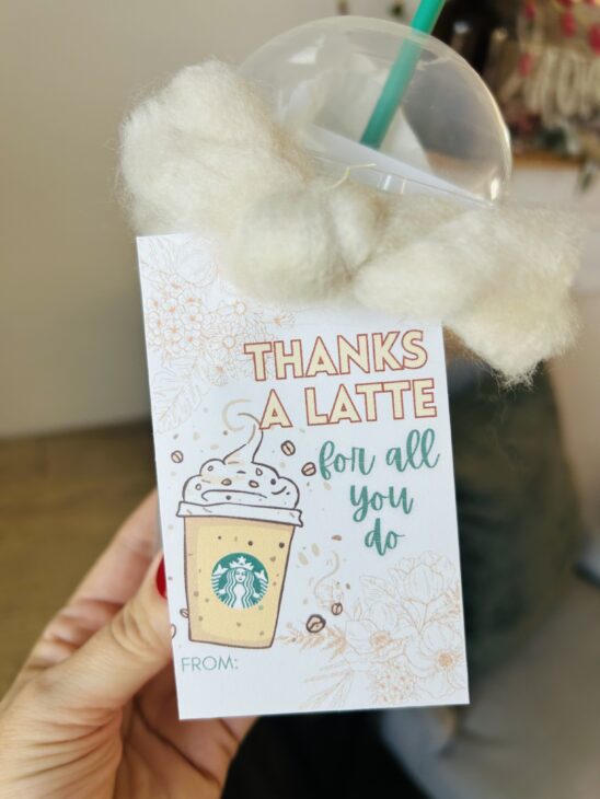 Thanks a Latte Printable Tag | Teacher Gift | Coffee Gift | Free Printable Card | Printable Gift Tag | Easy DIY Gift | Coworker Gift | Thank you Gift | Six Clever Sisters