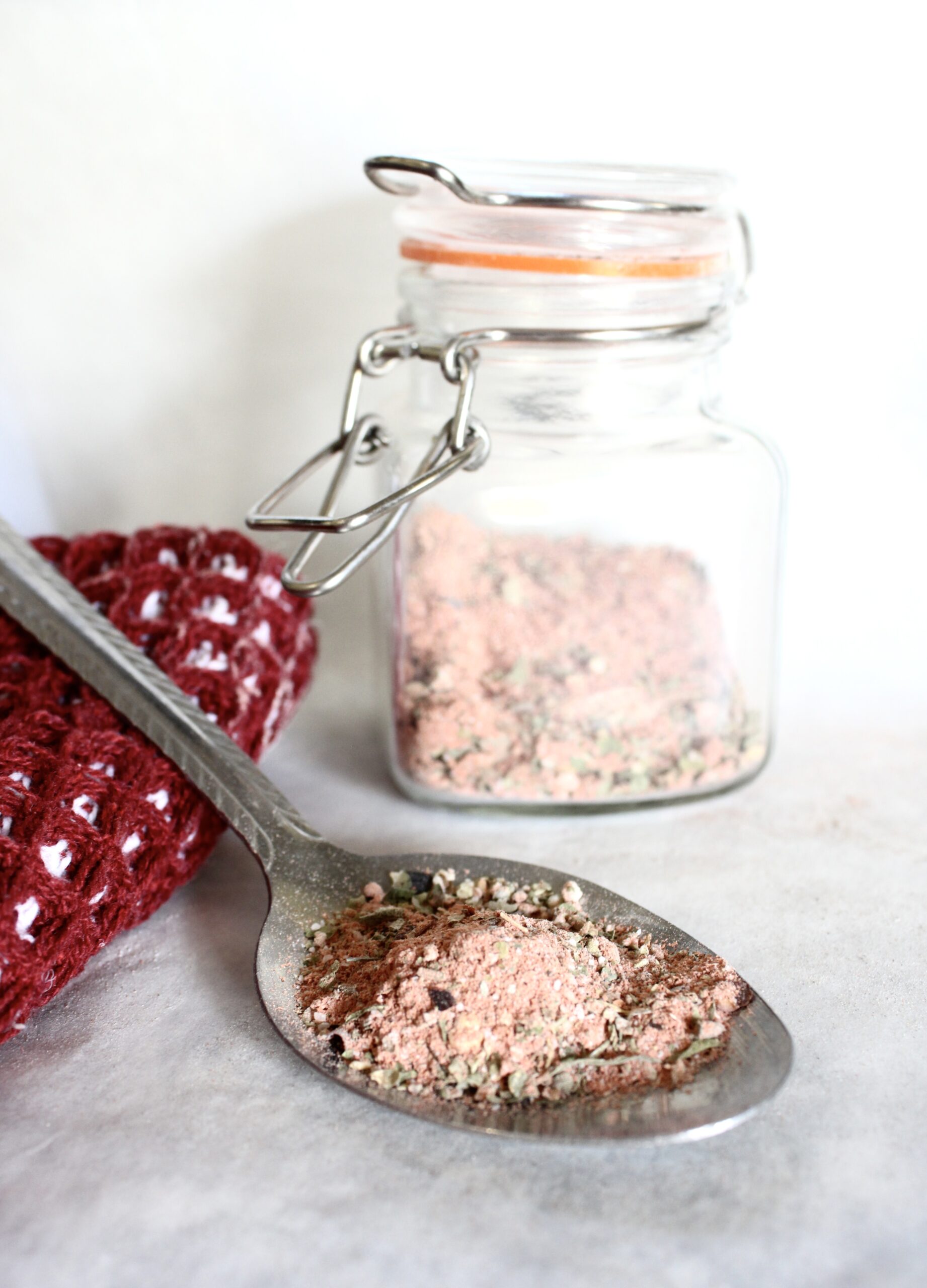 Homemade steak seasoning blend with salt, black pepper, garlic powder, onion powder, and paprika