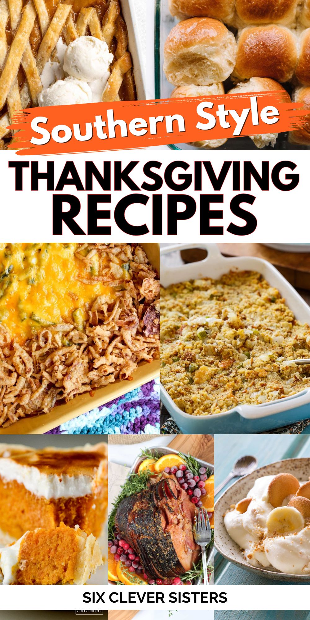 “Southern-style Thanksgiving table filled with roast turkey, sweet potato pie, cornbread dressing, green bean casserole, and pecan pie—classic Southern comfort foods for the holiday season.”