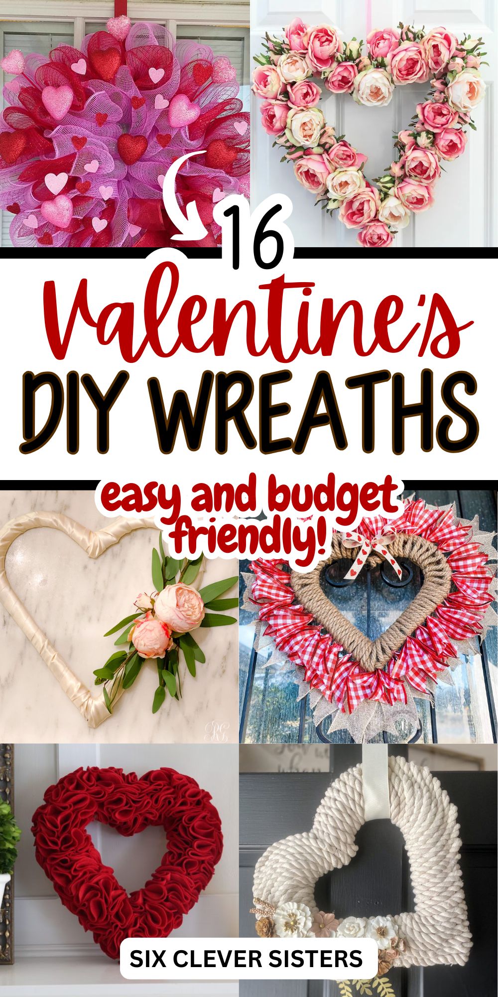 Handmade Valentine’s Day wreath with red and pink hearts on a wire wreath form, styled on a front door for DIY home décor.