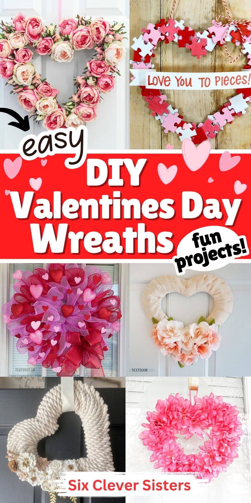 Handmade Valentine’s Day wreath with red and pink hearts on a wire wreath form, styled on a front door for DIY home décor.