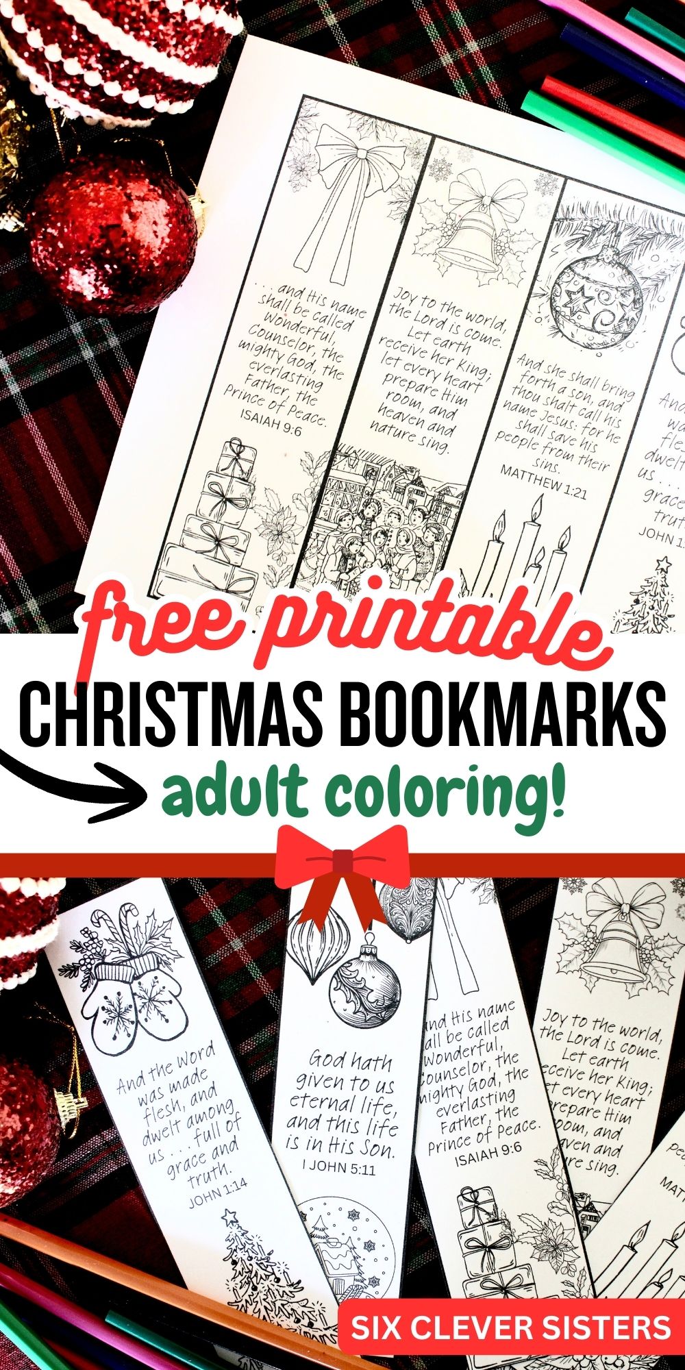 Printable Christmas coloring bookmarks with festive florals and KJV Bible verse — free holiday craft