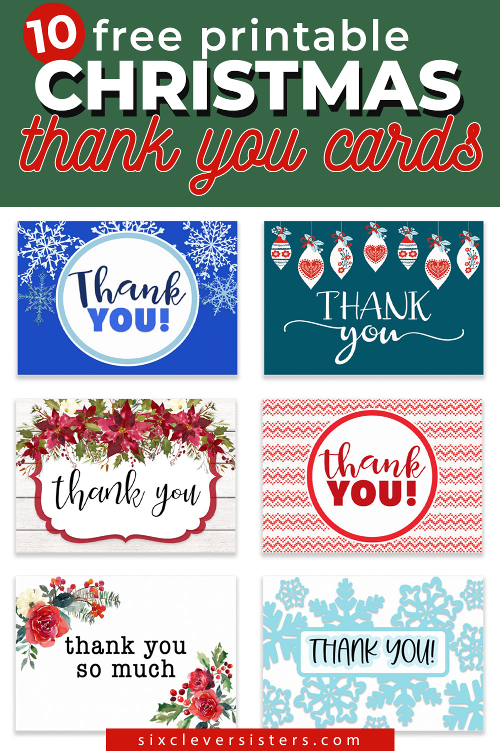 Free Printable Thank You Cards for Christmas Notes | Free Printable Christmas Thank You Cards PDF | free printable Christmas cards thank you notes | free printable holiday thank you cards on the Six Clever Sisters blog!