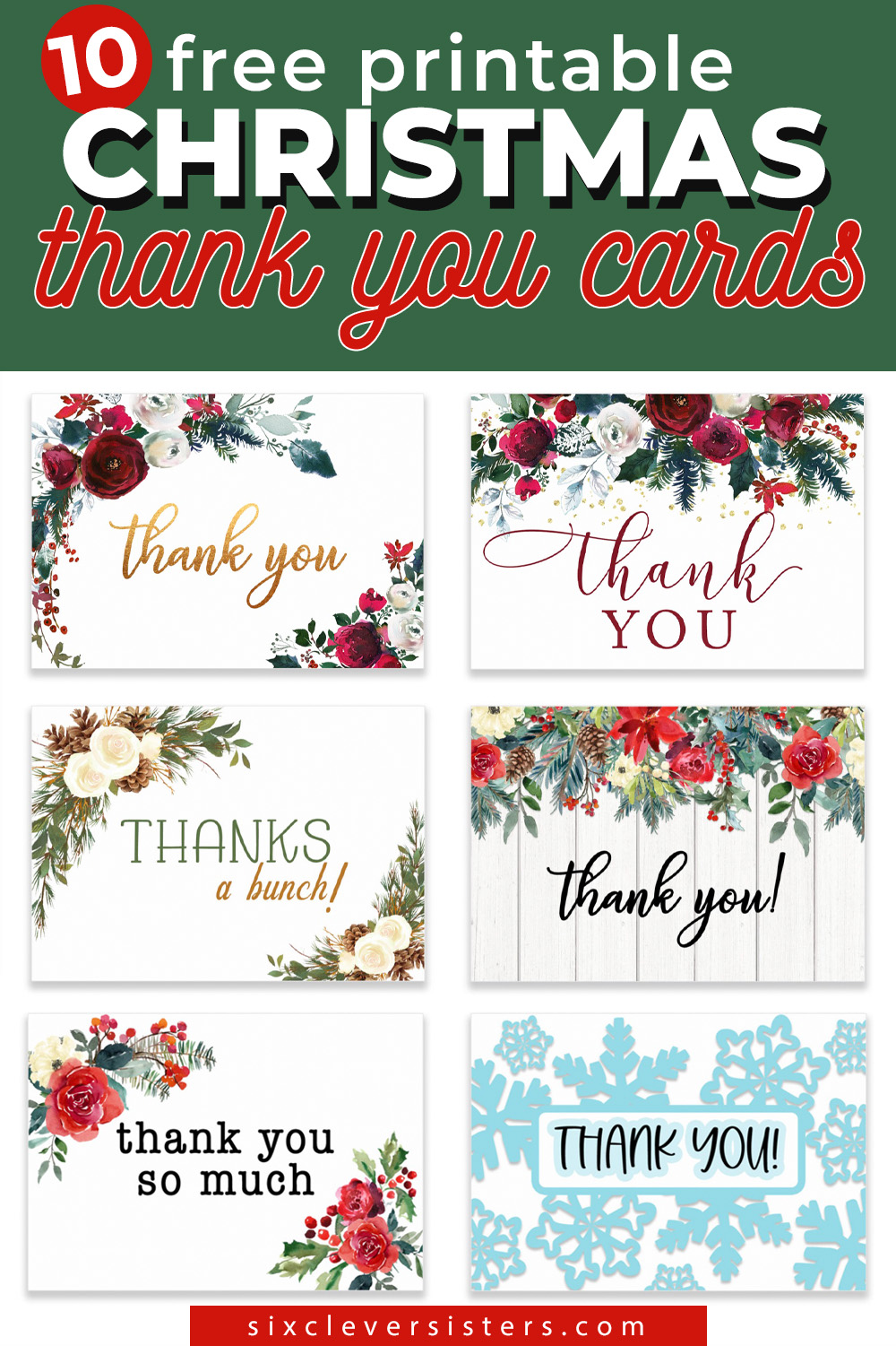  Free Printable Thank You Cards for Christmas Notes | Free Printable Christmas Thank You Cards PDF | free printable Christmas cards thank you notes | free printable holiday thank you cards on the Six Clever Sisters blog!