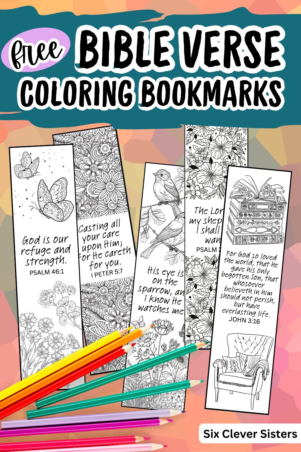 Simple black-and-white printable Bible verse bookmarks with nature designs for kids to color, great for Sunday school crafts or homeschool activities.