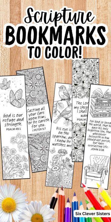 Free Bible verse coloring bookmarks featuring flowers, butterflies, birds, and detailed line art, designed for adults or kids to color and use in their Bible or favorite book.