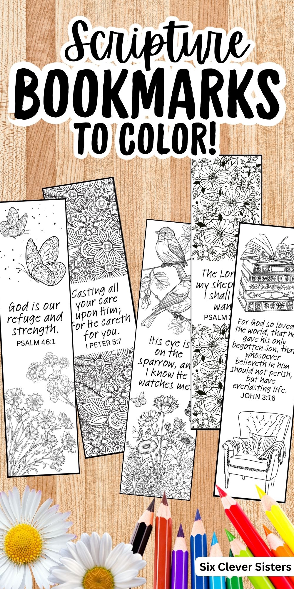 Free Bible verse coloring bookmarks featuring flowers, butterflies, birds, and detailed line art, designed for adults or kids to color and use in their Bible or favorite book.
