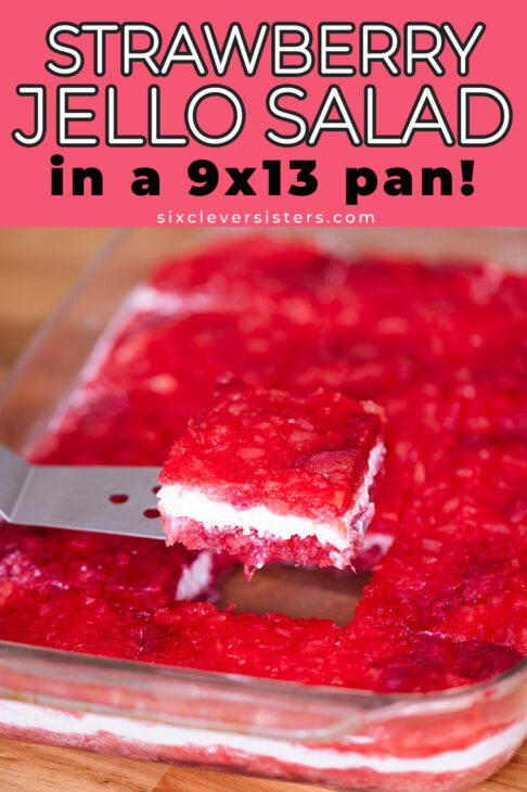 Strawberry jello salad squares with visible sour cream layer, served on a white plate for a potluck dessert.