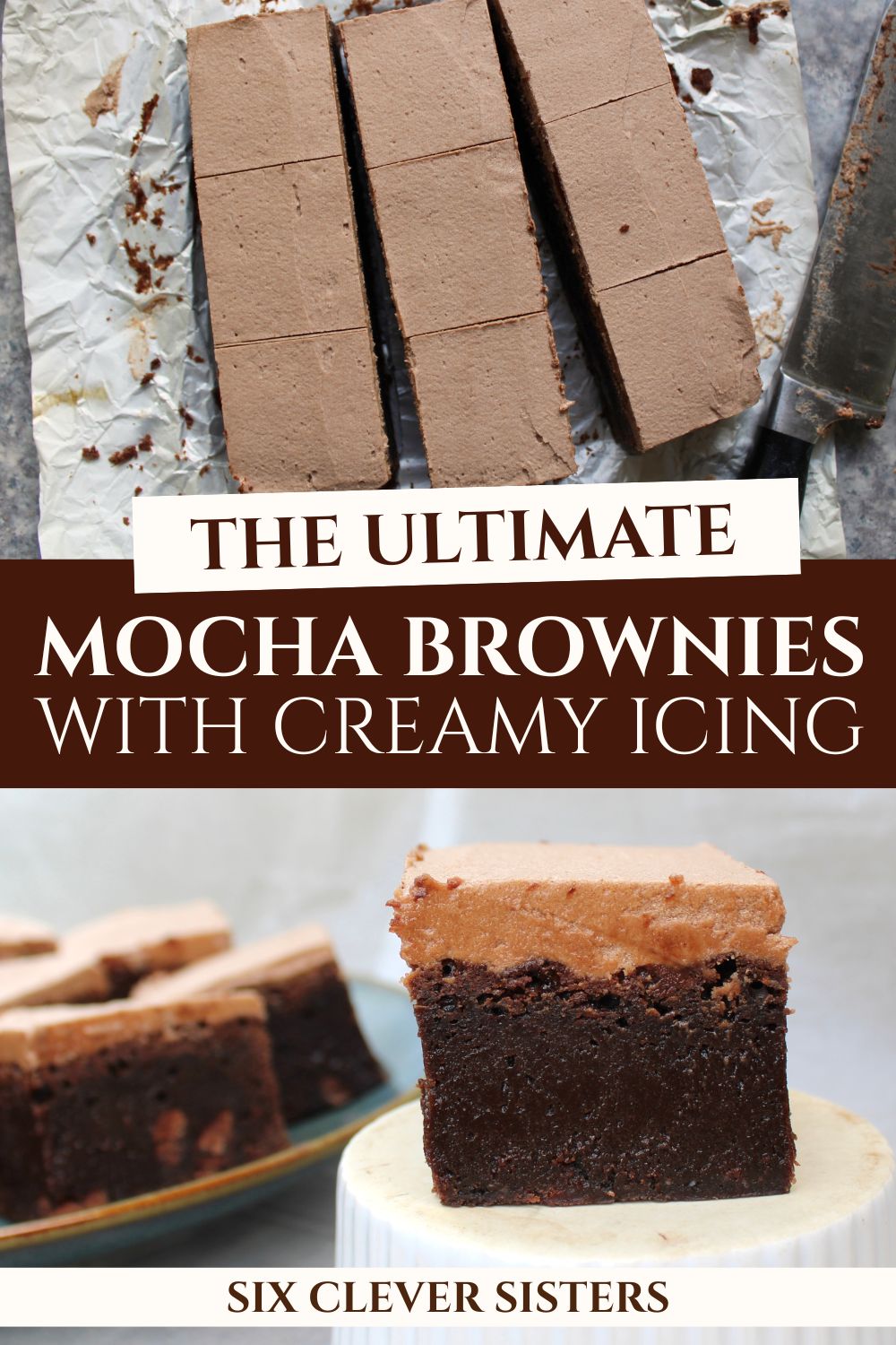 Rich mocha brownies topped with creamy chocolate frosting, featuring a crackly top and fudgy center, styled on a rustic plate for a bakery-style dessert.