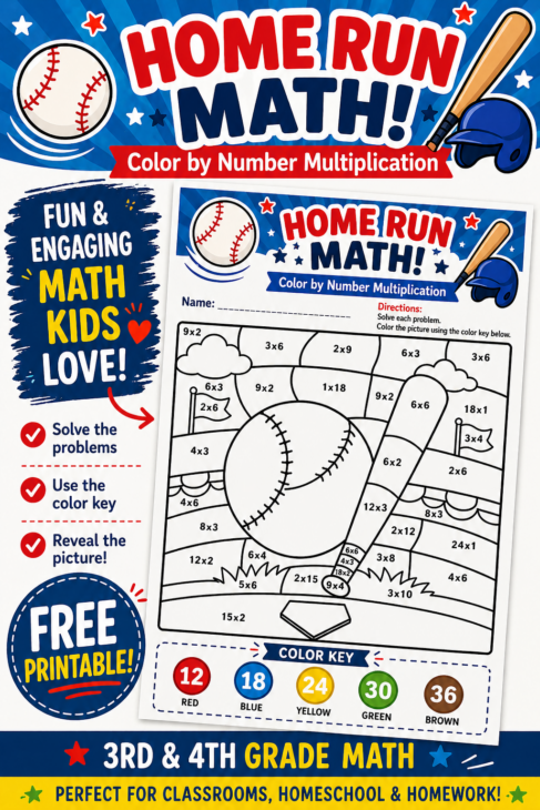 Baseball color by number multiplication worksheet with bat and ball design for kids math practice