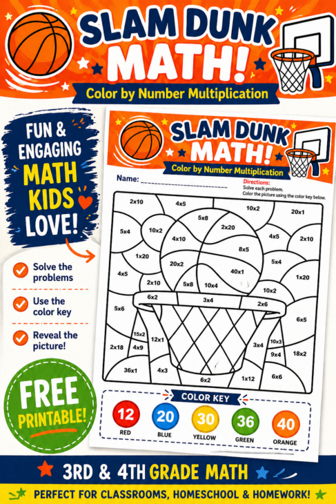 Color by number multiplication worksheet featuring a basketball hoop scene for 3rd and 4th grade math practice