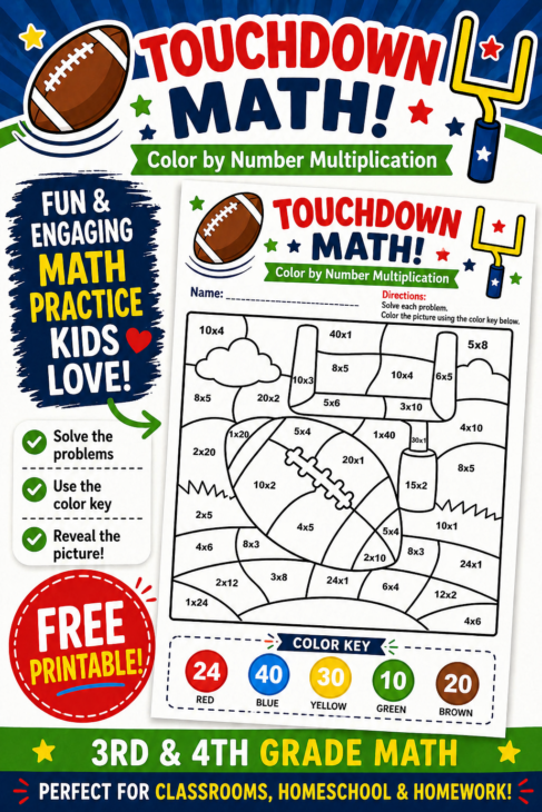 Football-themed color by number multiplication printable with goalpost scene for elementary students