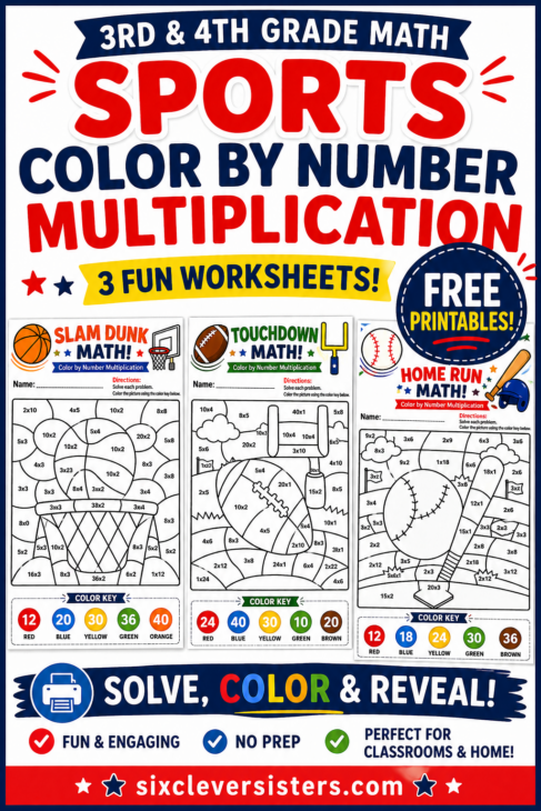 Color by number multiplication worksheet featuring basketball, football, baseball for math practice