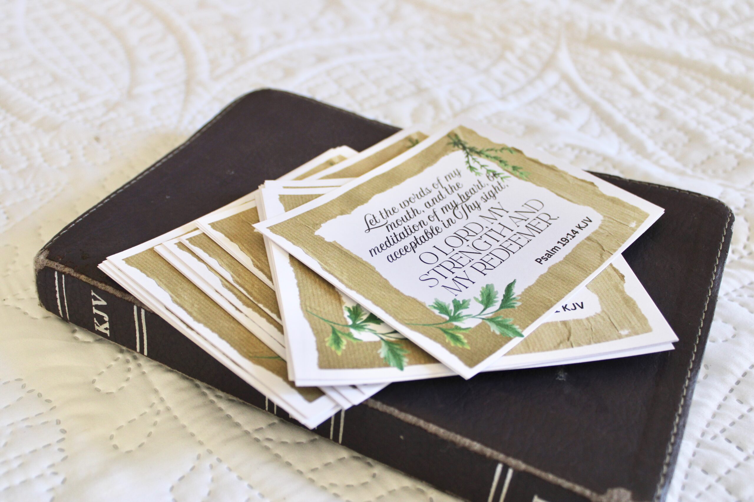 Set of printable KJV Bible verse cards with inspirational Scripture passages and neutral floral artwork.