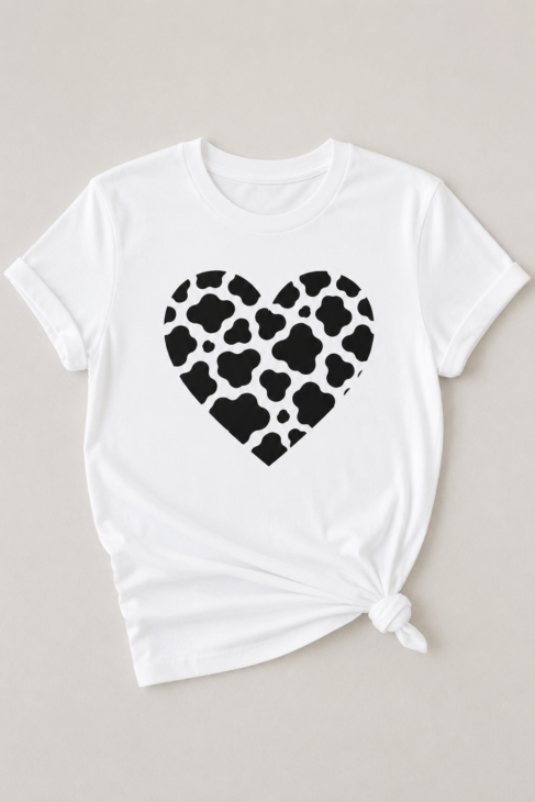 Custom t-shirt made with a free cow print SVG file for Cricut