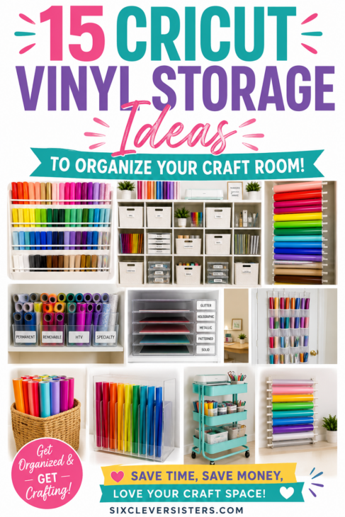 Cricut Vinyl Storage Ideas, Cricut Vinyl Organization Ideas, Cricut Vinyl Storage Solutions, Cricut Vinyl Sheet Storage Ideas, Want to organize your Cricut vinyl? Check out our storage solution ideas at Six Clever Sisters!