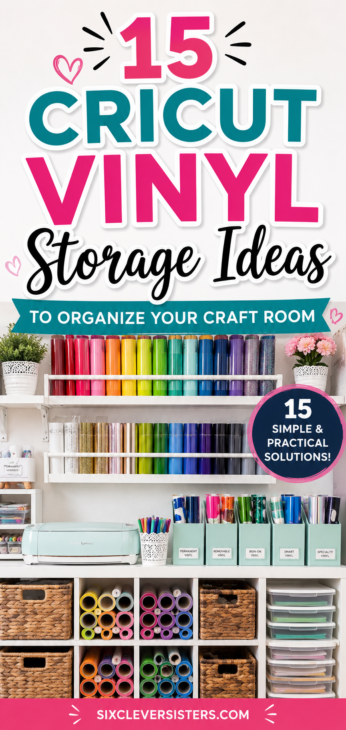 Cricut Vinyl Storage Ideas, Cricut Vinyl Organization Ideas, Cricut Vinyl Storage Solutions, Cricut Vinyl Sheet Storage Ideas, Want to organize your Cricut vinyl? Check out our storage solution ideas at Six Clever Sisters!
