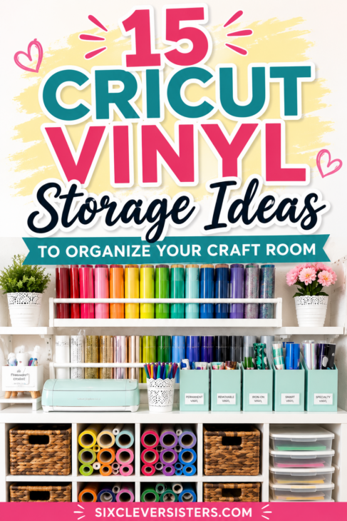 Cricut Vinyl Storage Ideas, Cricut Vinyl Organization Ideas, Cricut Vinyl Storage Solutions, Cricut Vinyl Sheet Storage Ideas, Want to organize your Cricut vinyl? Check out our storage solution ideas at Six Clever Sisters!