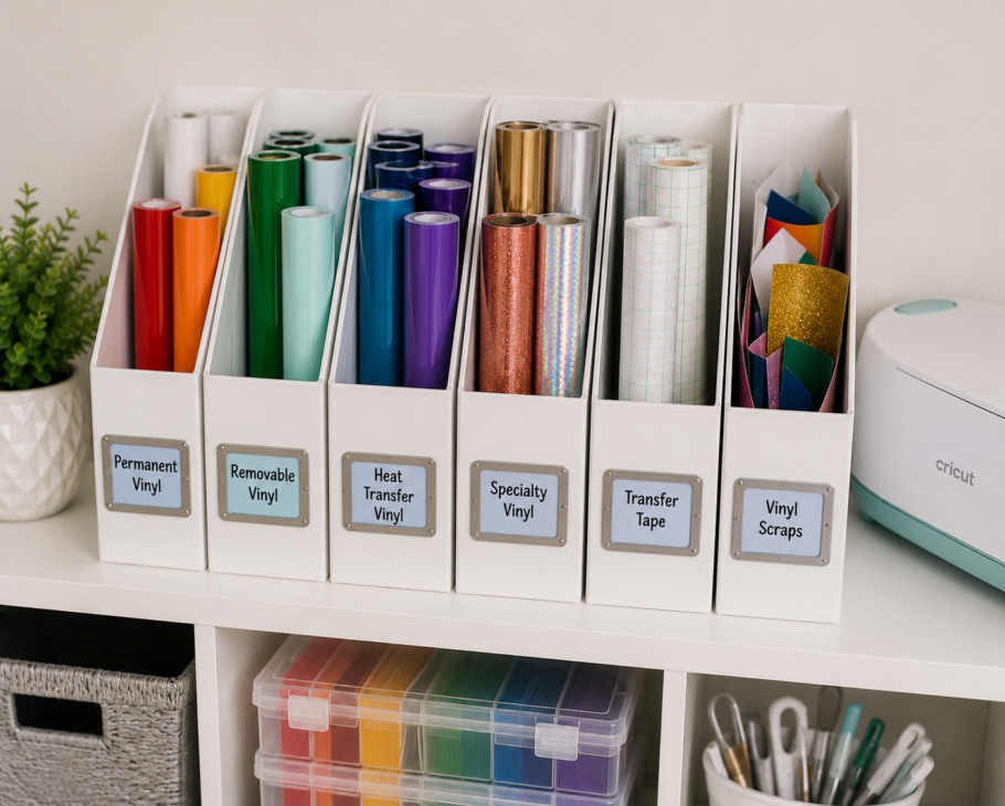 Cricut Vinyl Storage Ideas, Cricut Vinyl Organization Ideas, Cricut Vinyl Storage Solutions, Cricut Vinyl Sheet Storage Ideas, Want to organize your Cricut vinyl? Check out our storage solution ideas at Six Clever Sisters!