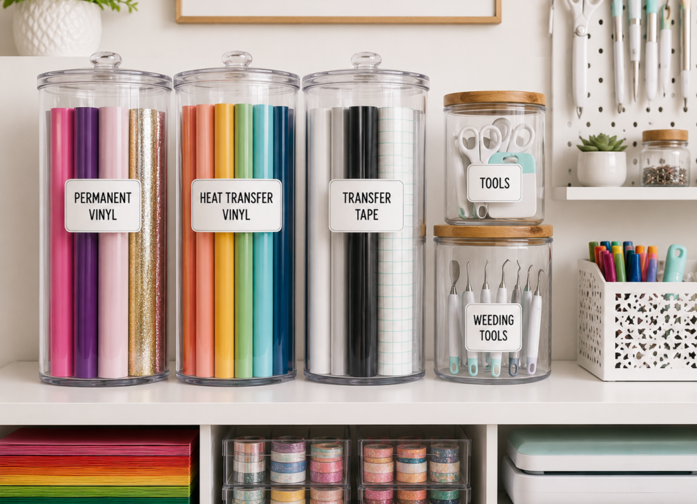 Cricut Vinyl Storage Ideas, Cricut Vinyl Organization Ideas, Cricut Vinyl Storage Solutions, Cricut Vinyl Sheet Storage Ideas, Want to organize your Cricut vinyl? Check out our storage solution ideas at Six Clever Sisters!