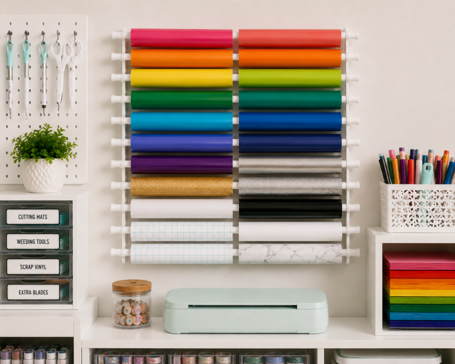 Cricut Vinyl Storage Ideas, Cricut Vinyl Organization Ideas, Cricut Vinyl Storage Solutions, Cricut Vinyl Sheet Storage Ideas, Want to organize your Cricut vinyl? Check out our storage solution ideas at Six Clever Sisters!