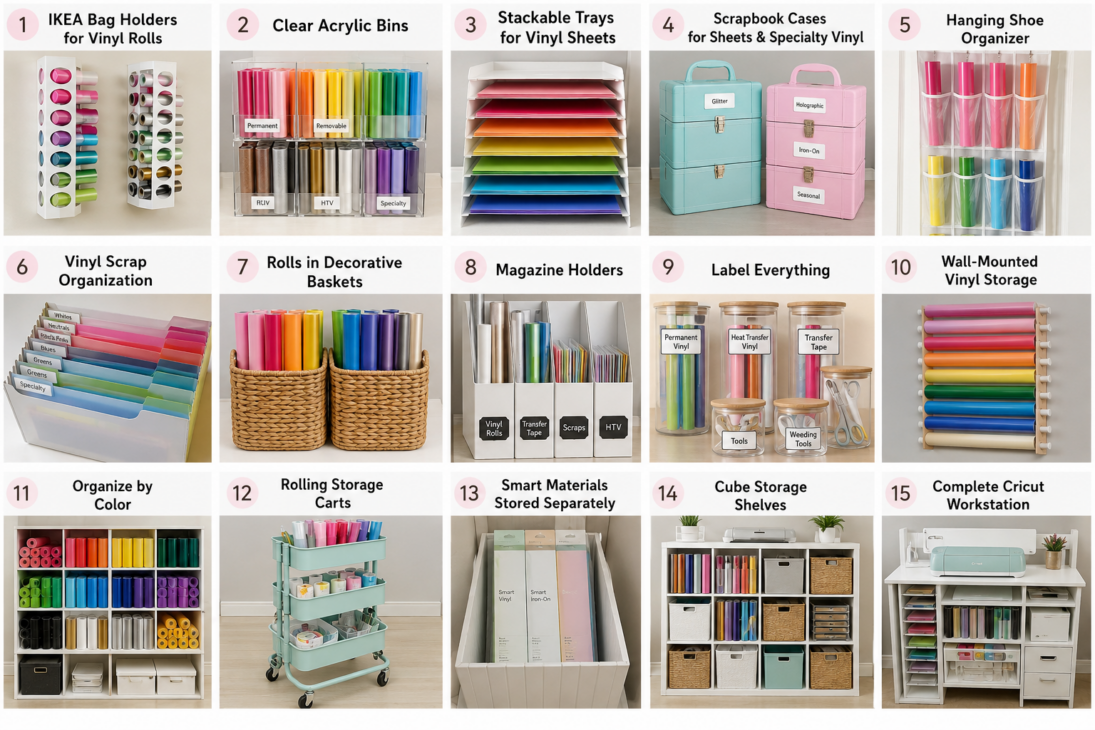 Cricut Vinyl Storage Ideas, Cricut Vinyl Organization Ideas, Cricut Vinyl Storage Solutions, Cricut Vinyl Sheet Storage Ideas, Want to organize your Cricut vinyl? Check out our storage solution ideas at Six Clever Sisters!