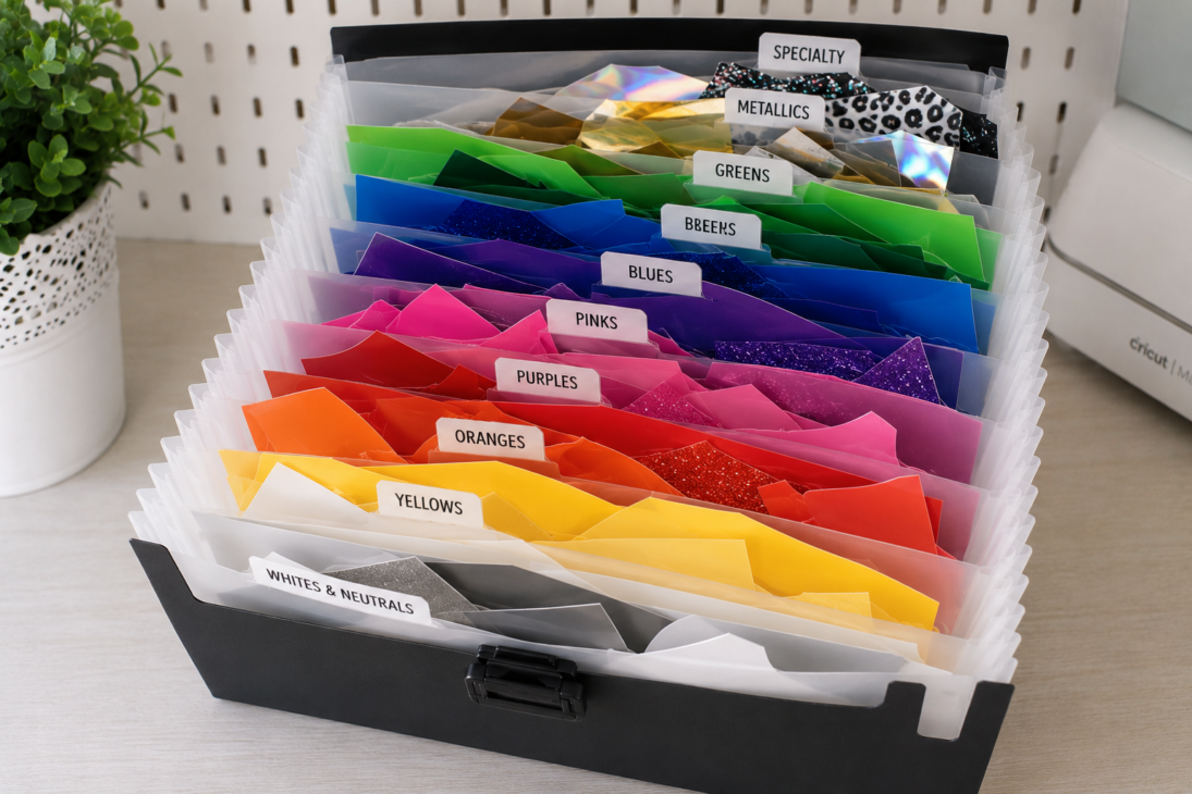 Cricut Vinyl Storage Ideas, Cricut Vinyl Organization Ideas, Cricut Vinyl Storage Solutions, Cricut Vinyl Sheet Storage Ideas, Want to organize your Cricut vinyl? Check out our storage solution ideas at Six Clever Sisters!