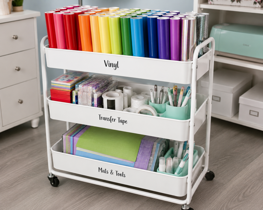 Cricut Vinyl Storage Ideas, Cricut Vinyl Organization Ideas, Cricut Vinyl Storage Solutions, Cricut Vinyl Sheet Storage Ideas, Want to organize your Cricut vinyl? Check out our storage solution ideas at Six Clever Sisters!
