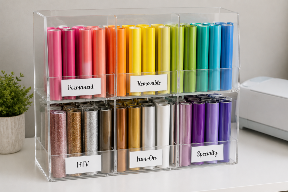 Cricut Vinyl Storage Ideas, Cricut Vinyl Organization Ideas, Cricut Vinyl Storage Solutions, Cricut Vinyl Sheet Storage Ideas, Want to organize your Cricut vinyl? Check out our storage solution ideas at Six Clever Sisters!