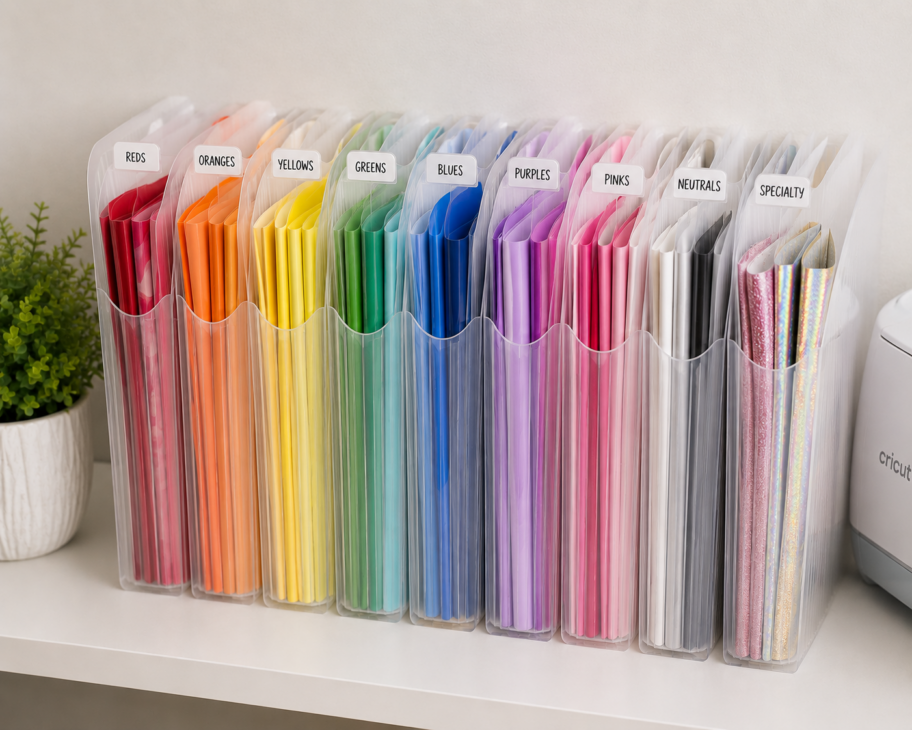 Cricut Vinyl Storage Ideas, Cricut Vinyl Organization Ideas, Cricut Vinyl Storage Solutions, Cricut Vinyl Sheet Storage Ideas, Want to organize your Cricut vinyl? Check out our storage solution ideas at Six Clever Sisters!