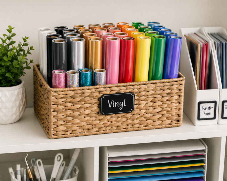 Cricut Vinyl Storage Ideas, Cricut Vinyl Organization Ideas, Cricut Vinyl Storage Solutions, Cricut Vinyl Sheet Storage Ideas, Want to organize your Cricut vinyl? Check out our storage solution ideas at Six Clever Sisters!