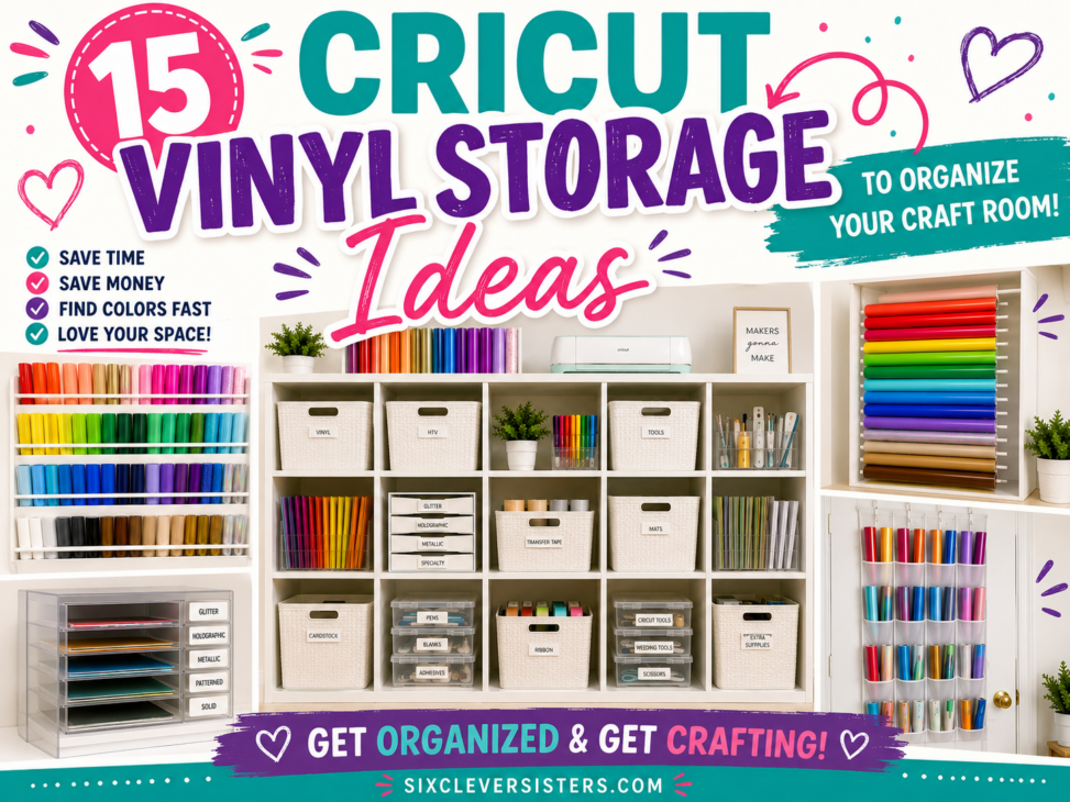Cricut Vinyl Storage Ideas, Cricut Vinyl Organization Ideas, Cricut Vinyl Storage Solutions, Cricut Vinyl Sheet Storage Ideas, Want to organize your Cricut vinyl? Check out our storage solution ideas at Six Clever Sisters!