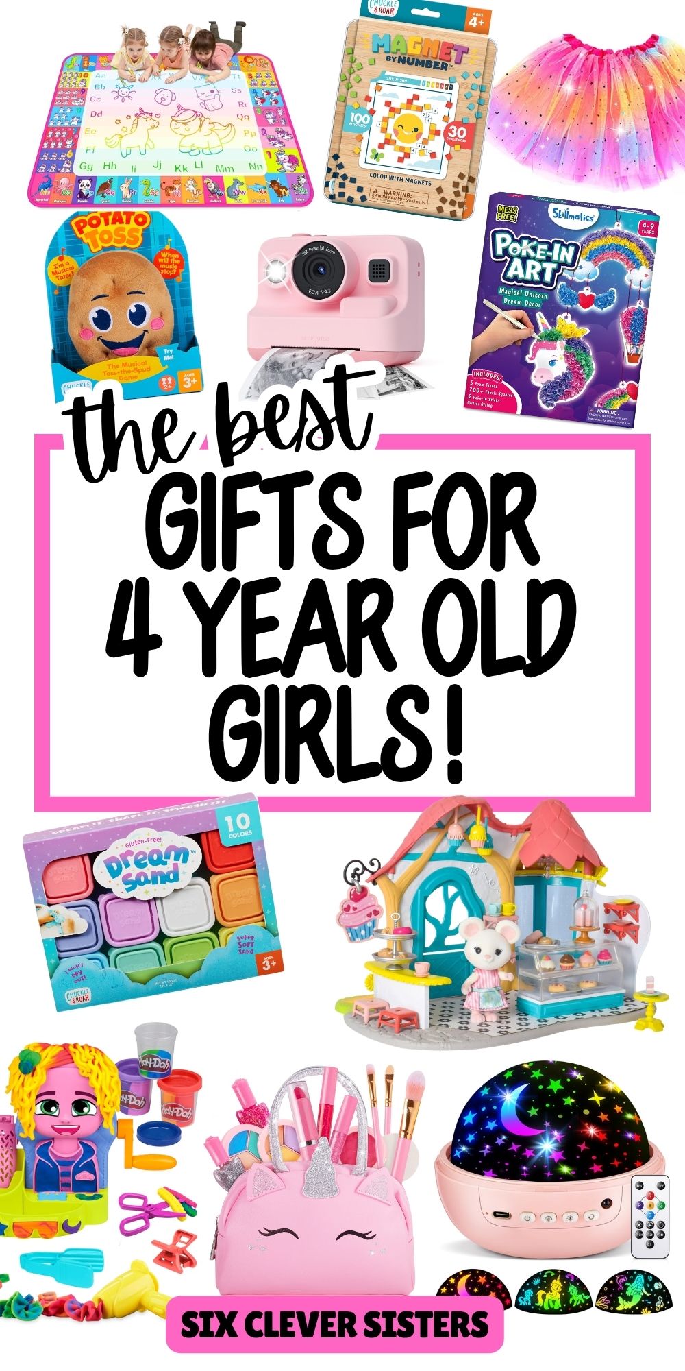 gift ideas for 4-year-old girls, including fun, creative, educational, and pretend play toys for Christmas and birthdays.