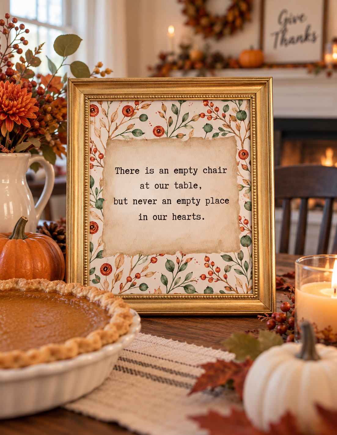 Thanksgiving without a loved one quote printable displayed in a gold frame with cozy fall decorations.