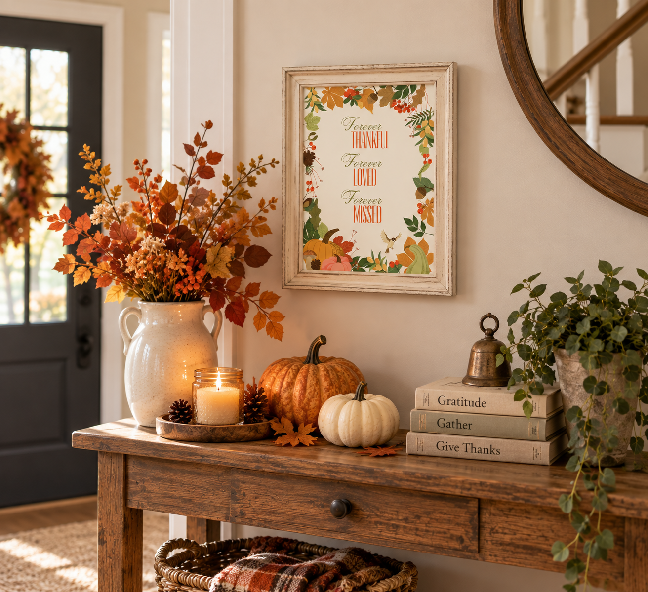 Thanksgiving without a loved one printable in a small frame on the wall of a warmly decorated fall entryway.